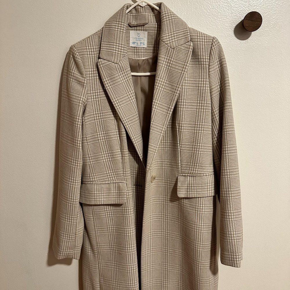 Knee Length Tan Plaid Coat